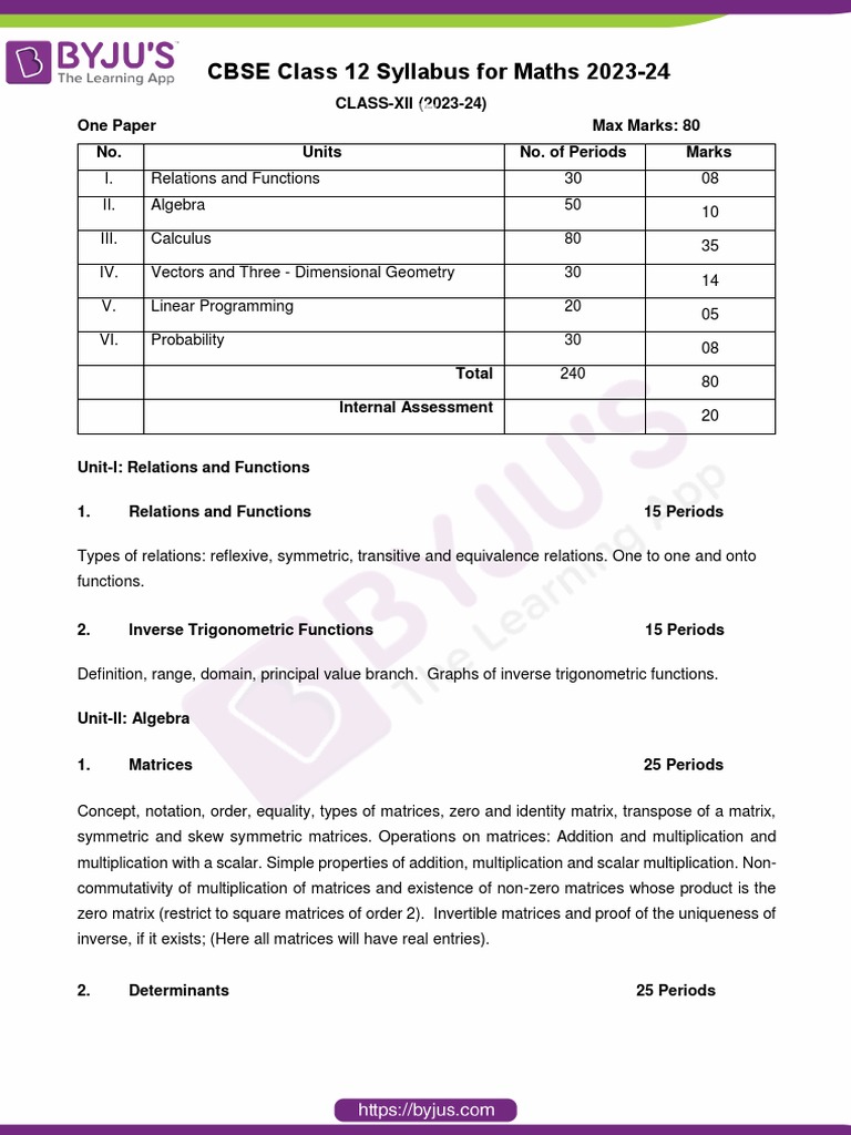 CBSE Class 12 Maths Syllabus 2023 24 | PDF | Matrix (Mathematics ...