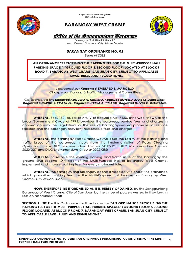 West Crame Brgy Ordinance 022022 Prescribing Parking Fee Multi