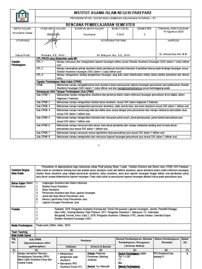 RPS Akuntansi Dasar S1 IAIN Parepare | PDF | Karier & Perkembangan
