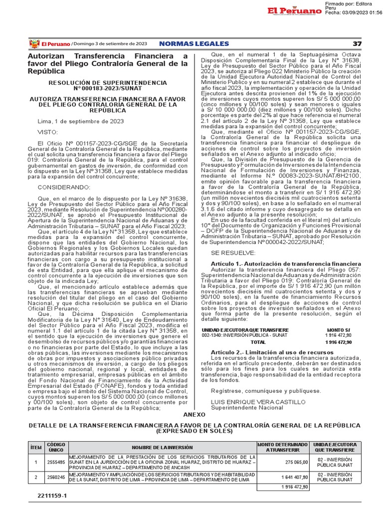 RESOLUCIÓN #000183-2023 Sunat | PDF | Presupuesto | Gobierno