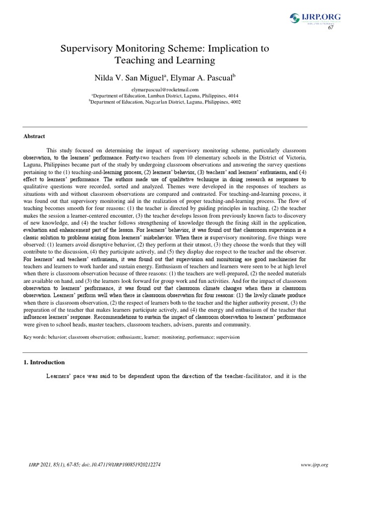 Supervisory Monitoring Scheme Implication To Teaching and Learning