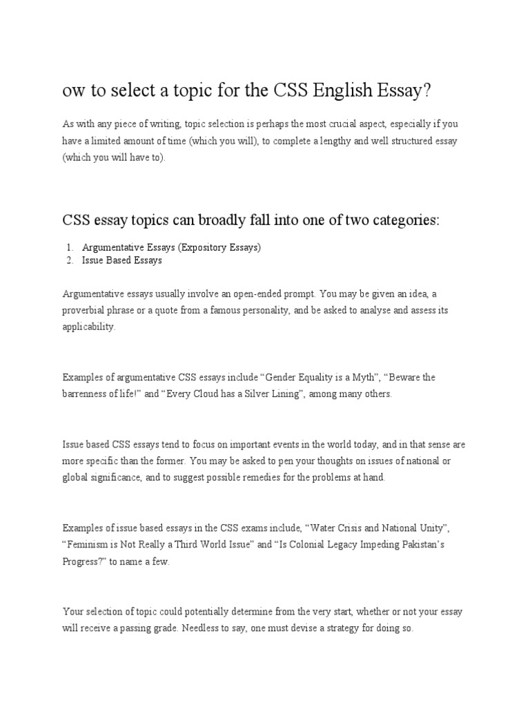 How to select a topic for the css english essay pdf essays argument