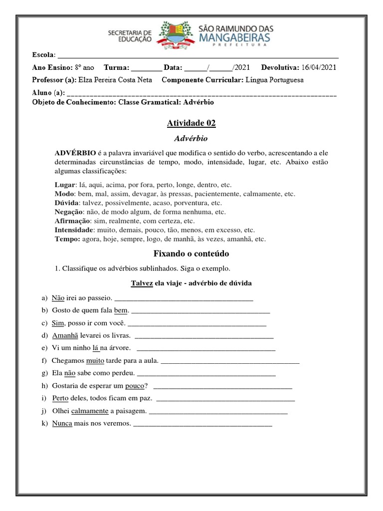 ATIVIDADE 8 Ano - Adverbio (Correção) | PDF