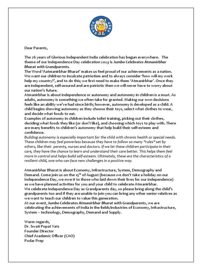 Independence Day Parents Circular PDF