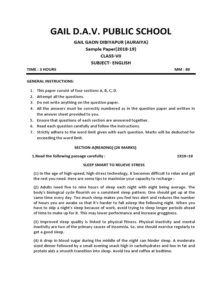 Class VII English Sample Paper PDF