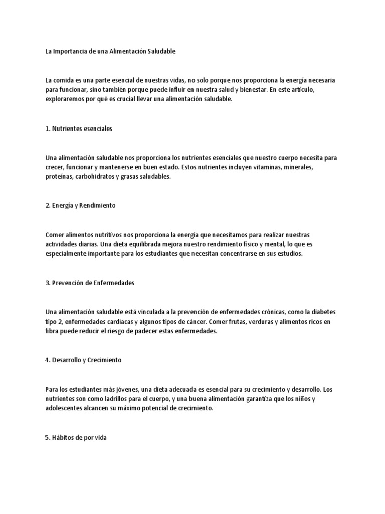 La Importancia de Una Alimentación Saludable | PDF