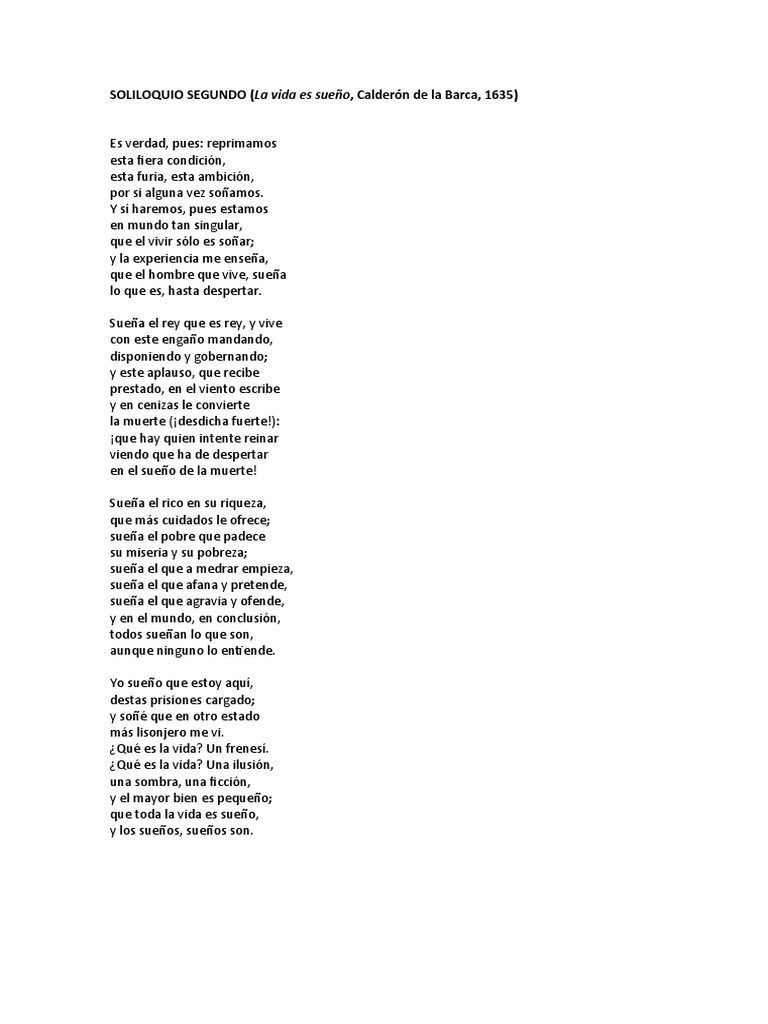 La vida es sueño: Soliloquio de Segismundo | PDF | Libros para ...
