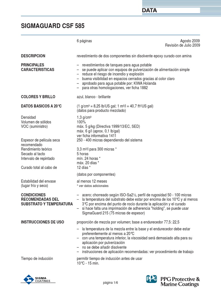 SigmaGuard CSF 585: Revestimiento Epóxico | PDF | Agua | Agua potable