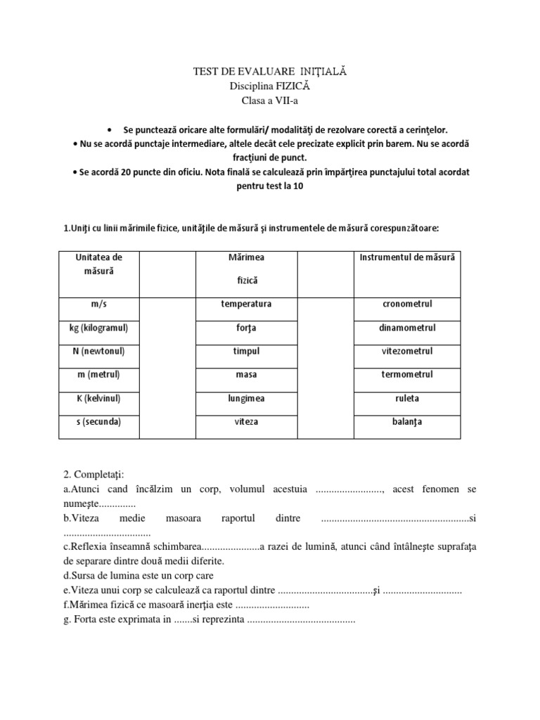 Test Initial Fizica CLS 7 | PDF