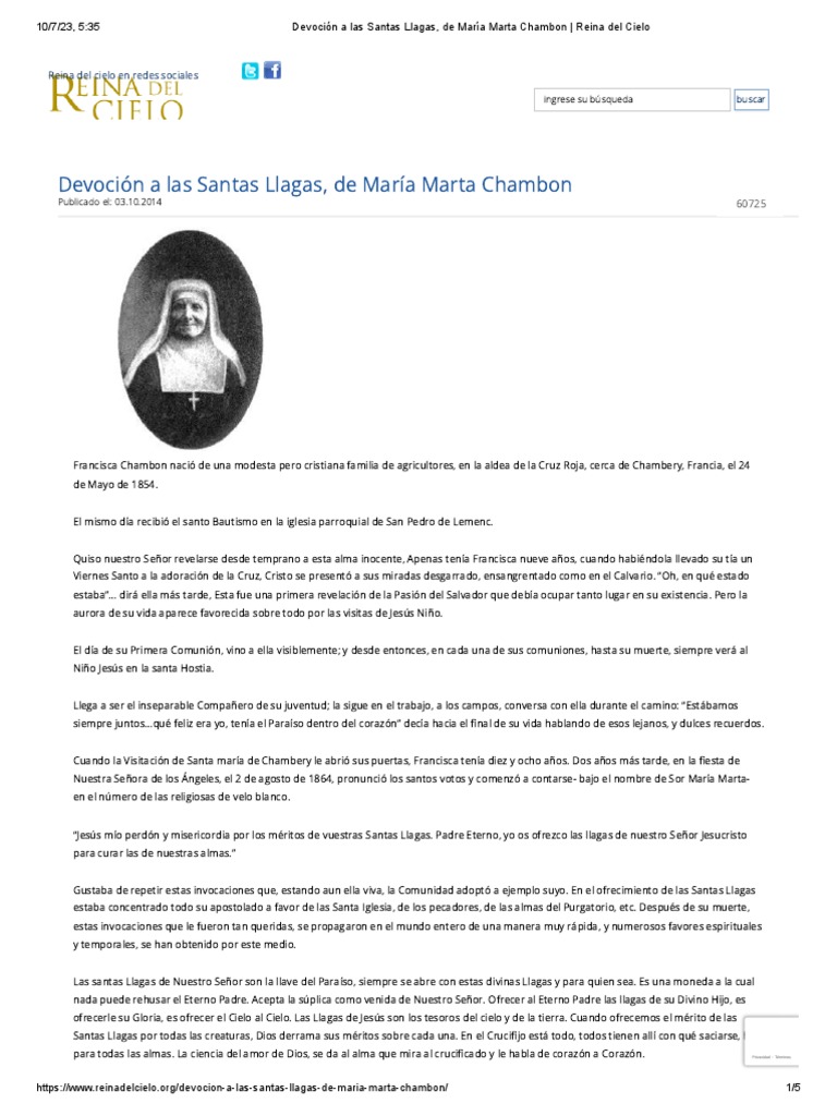 Devoci n a las santas llagas de mar a marta chambon reina del cielo