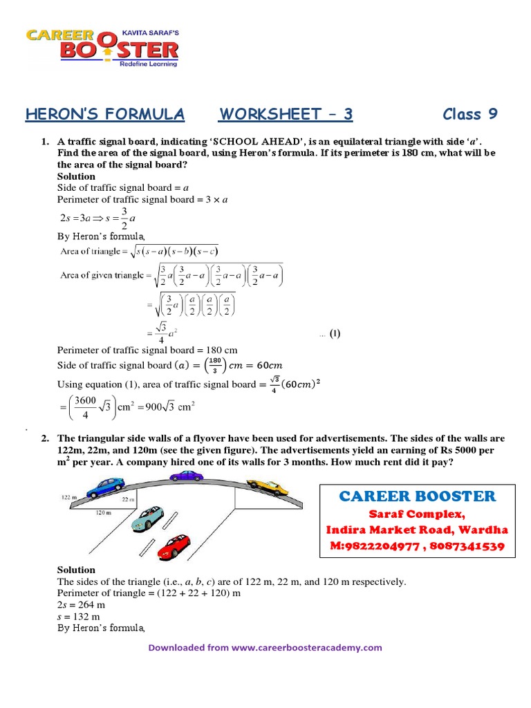 Class 9 Maths Heron s Formula WORKSHEET PDF Area Elementary