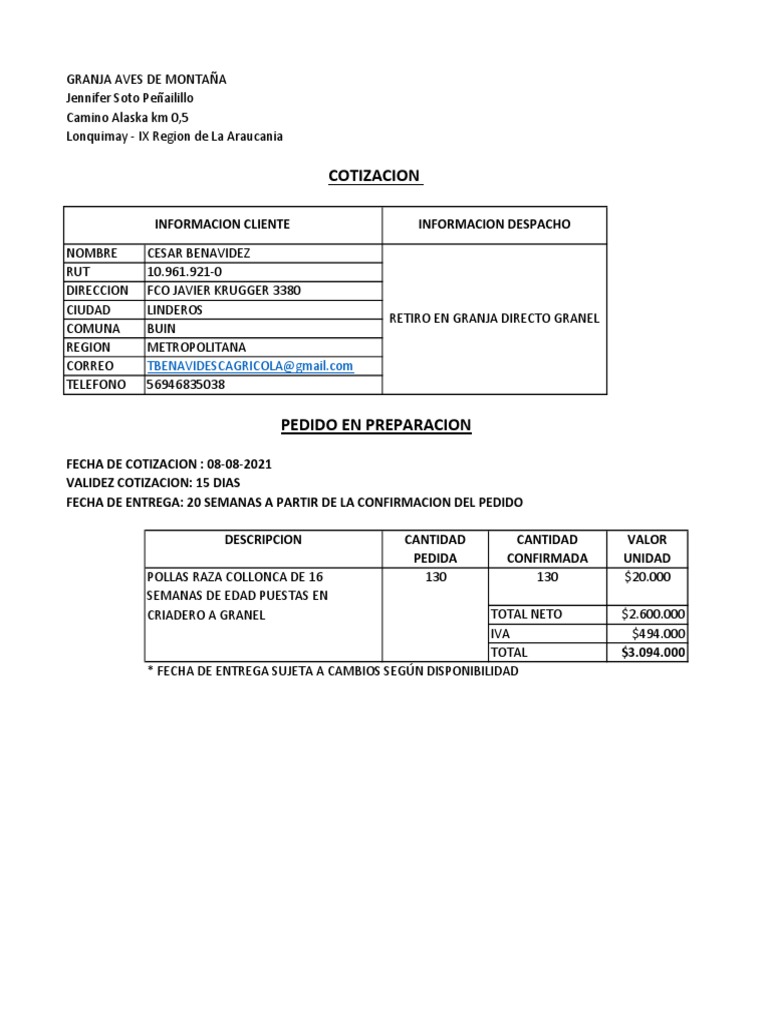 Cotización Pollas Colloncas Granja Lonquimay | PDF