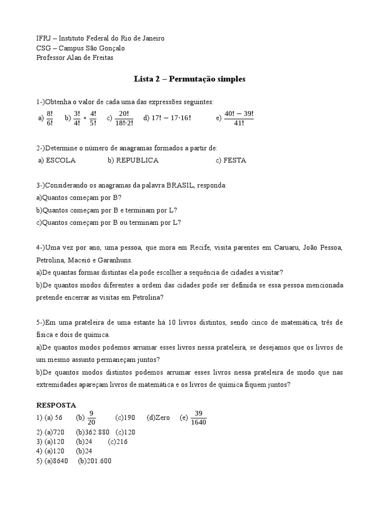 Exercícios de Permutação Simples e Anagramas | PDF