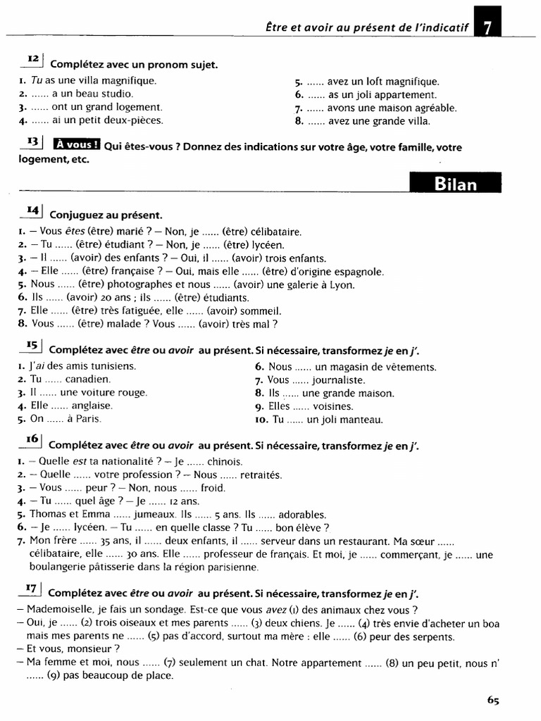 Exercices Auxiliaires tre Et Avoir PDF