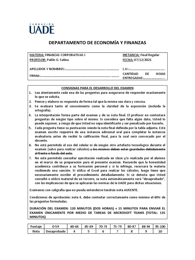 Examen Final de Finanzas Corporativas | PDF | Negocios | Finanzas y dinero