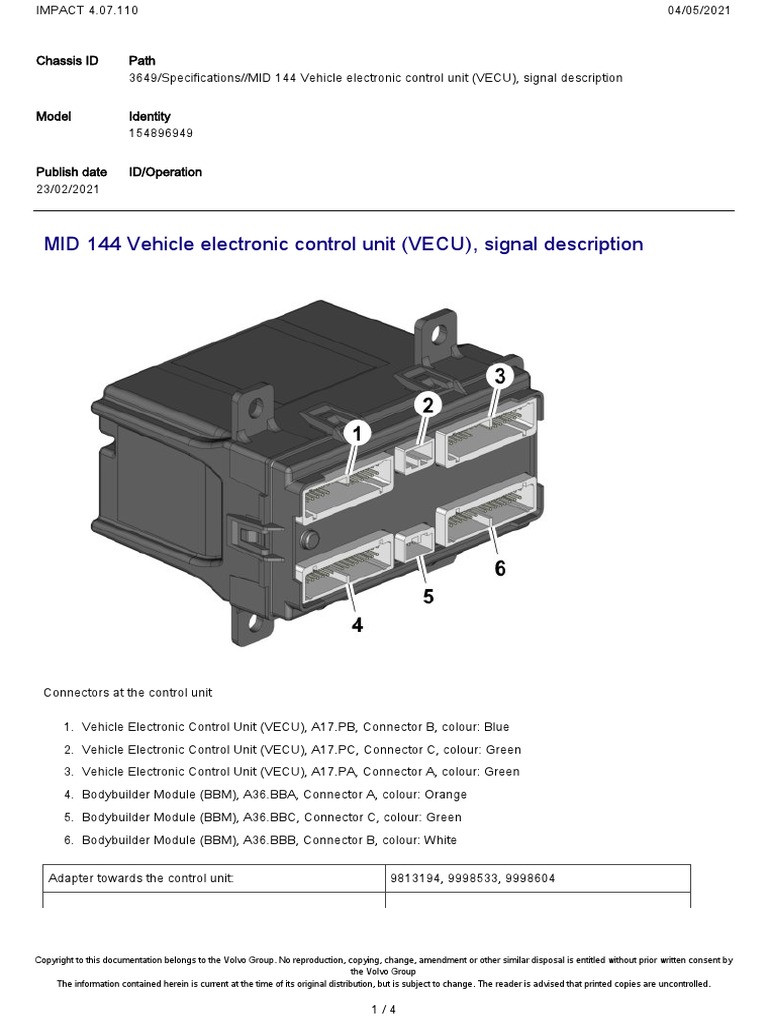 MID 144 Vehicle electronic control unit (VECU), signal description