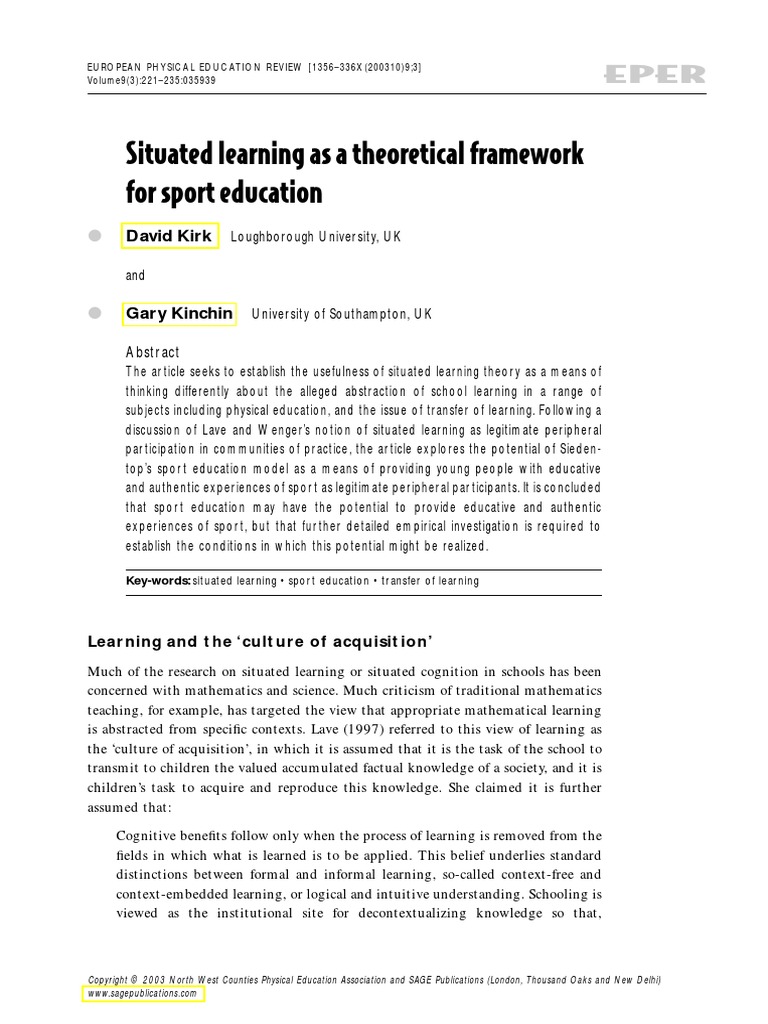 Kirk Kinchin 2003 Situated Learning As A Theoretical Framework For ...
