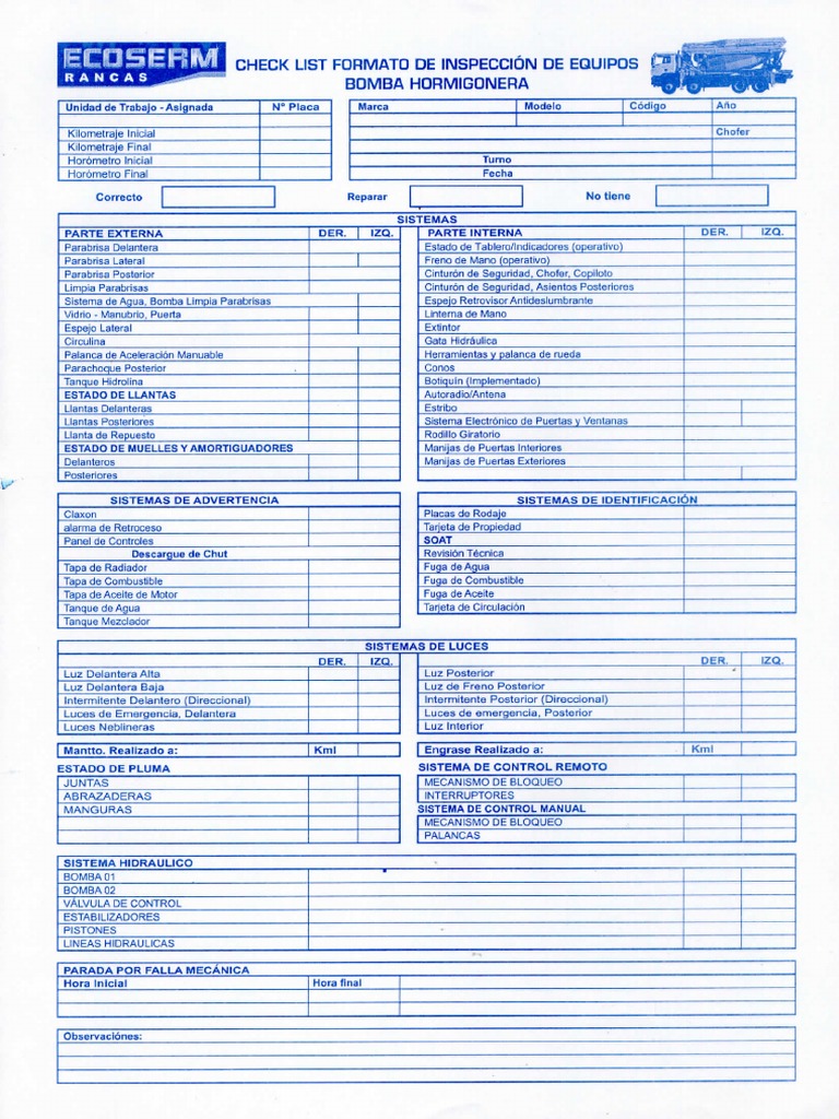 CHECKLIST DE BOMBA HORMIGONERA | PDF