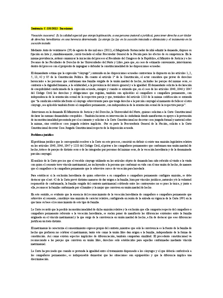 Análisis de La Sentencia C-238 de 2012 - FST 2 | PDF