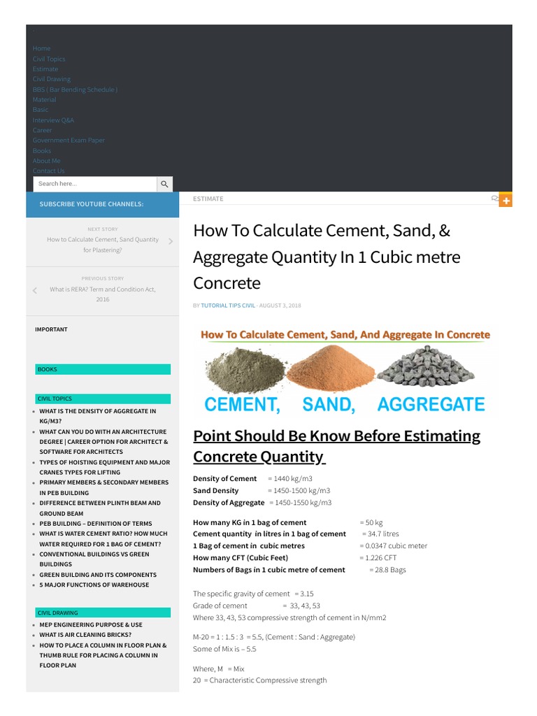 How To Calculate Cement, Sand, & Aggregate Quantity in 1 Cubic Metre