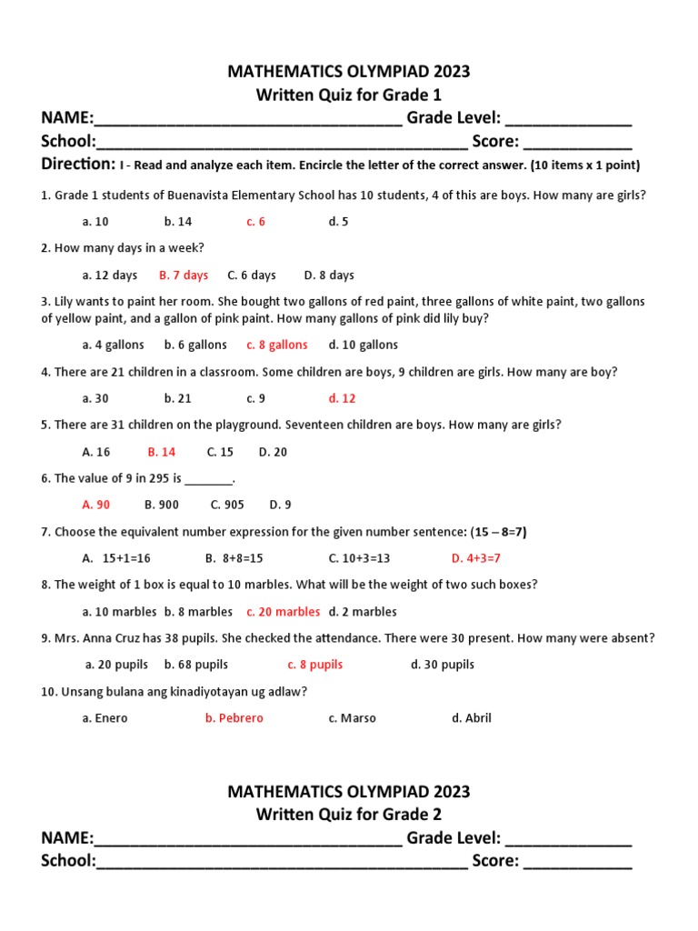 Math Quiz for Grades 1-3 | PDF | Mathematics