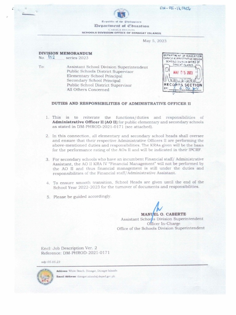DM 152 Duties and Responsibilities of Ao Ii | PDF