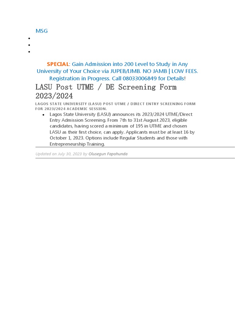 Lasu Screening Requirements PDF University And College Admission