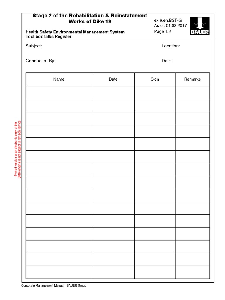 Toolbox Talks Attendance Sheet - Dike 19 | PDF