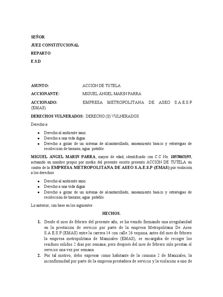 Acción de Tutela por Servicios de Aseo en Manizales | PDF | Derecho
