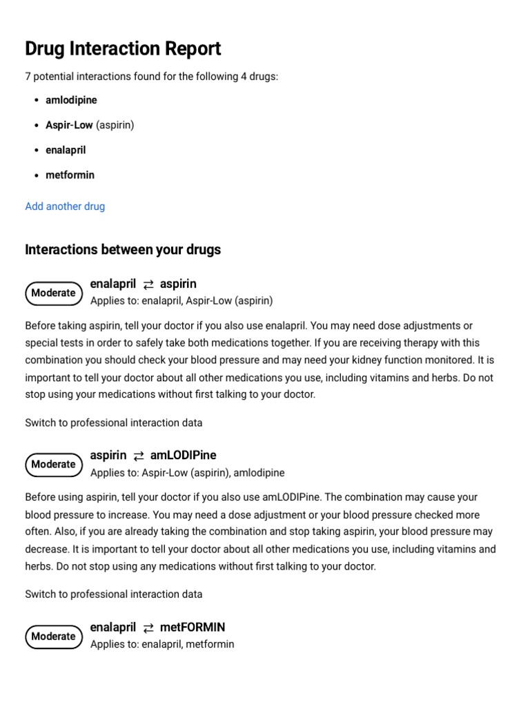 Drug Interaction Report Amlodipine, AspirLow, Enalapril, Metformin