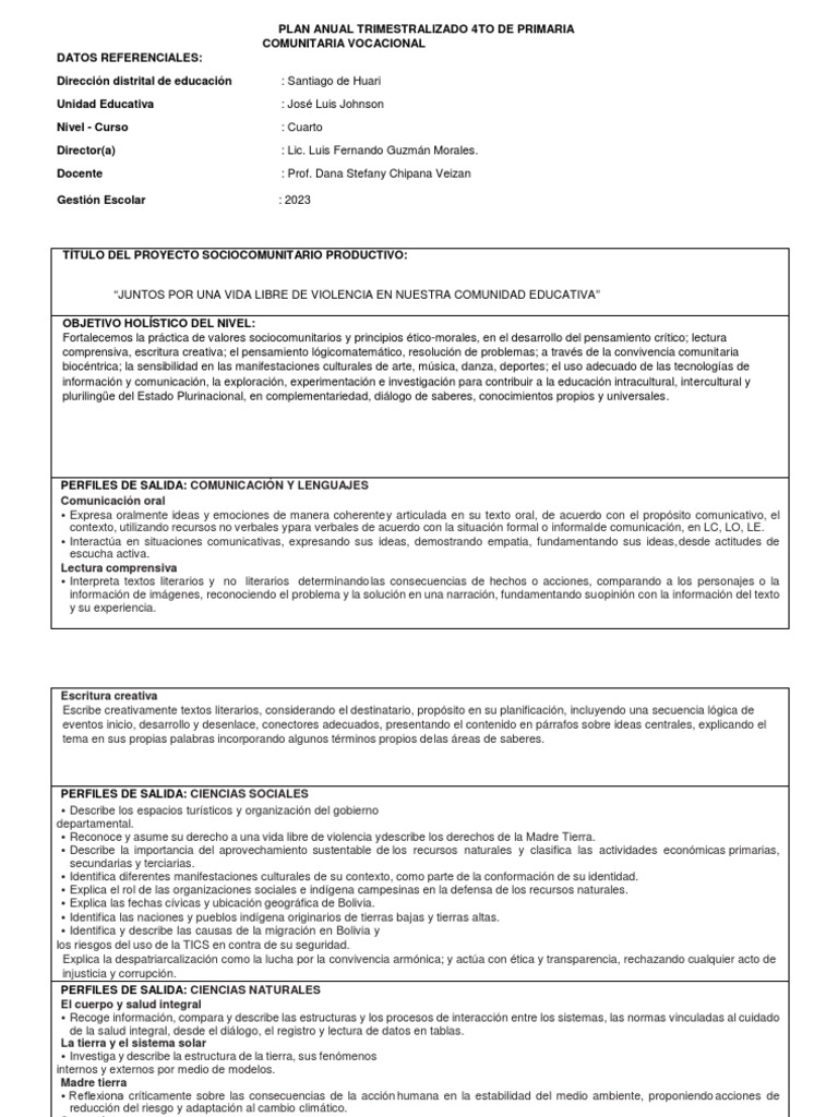 Plan Anual 4to Primaria 2023: Educación y Valores | PDF