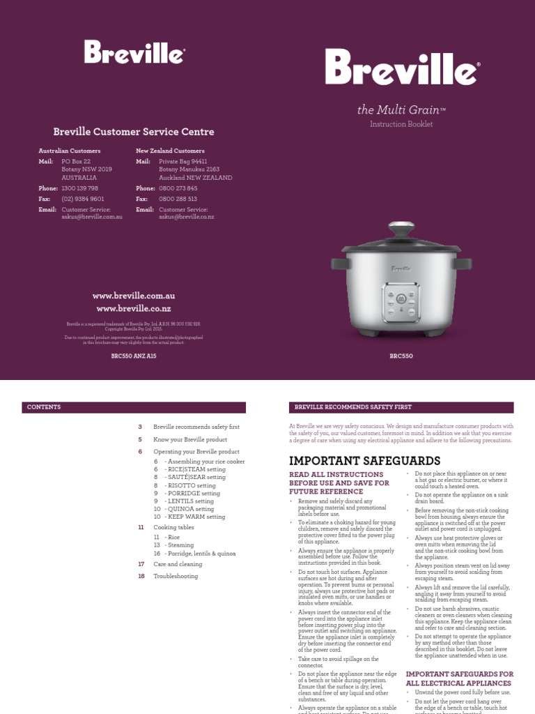 Breville Rice Cooker BRC550 Manual PDF
