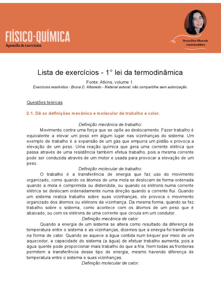 Exercícios sobre a 1ª Lei da Termodinâmica | PDF | Calor | Temperatura