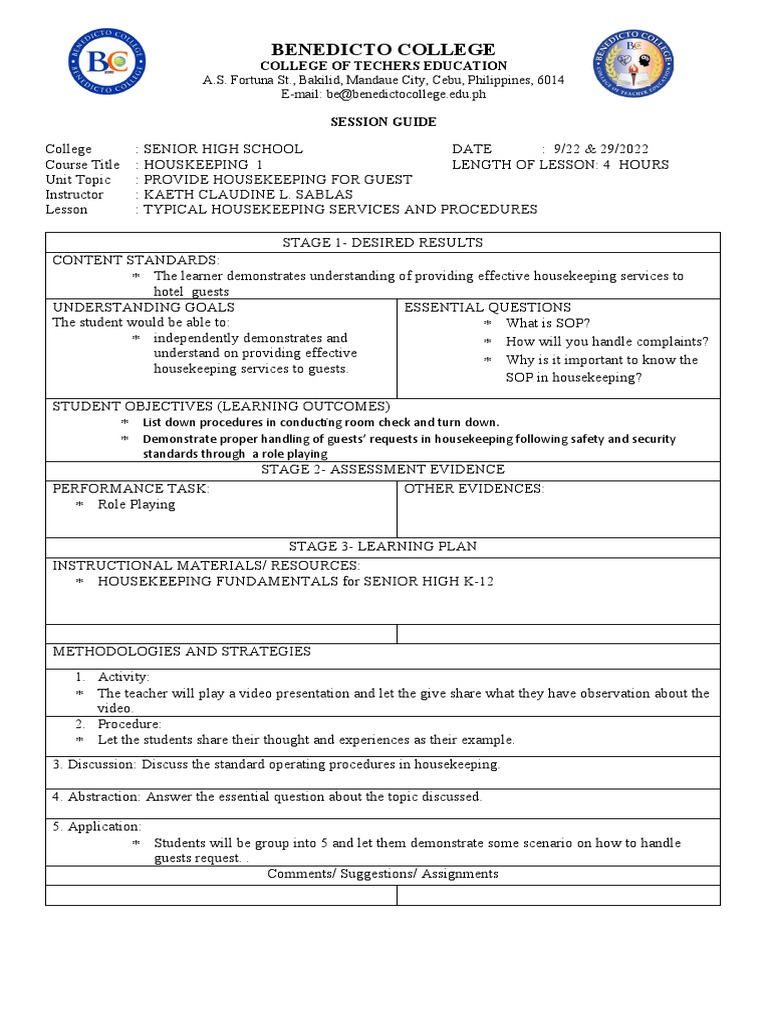 Housekeeping 1 Session Guide PDF Teachers Educational Assessment