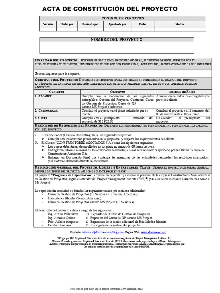 Egpr 010 06 Acta de Constitucion Del Proyecto | Descargar gratis PDF ...