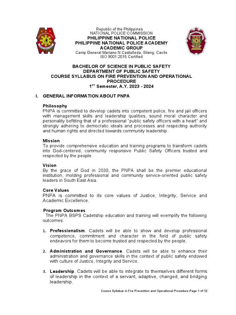 Course Syllabus in Fire Prevention and Operational Procedure June 16
