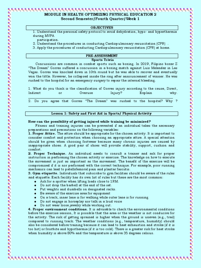 q2 w1 Sports First Aid PDF Cardiopulmonary Resuscitation Dehydration