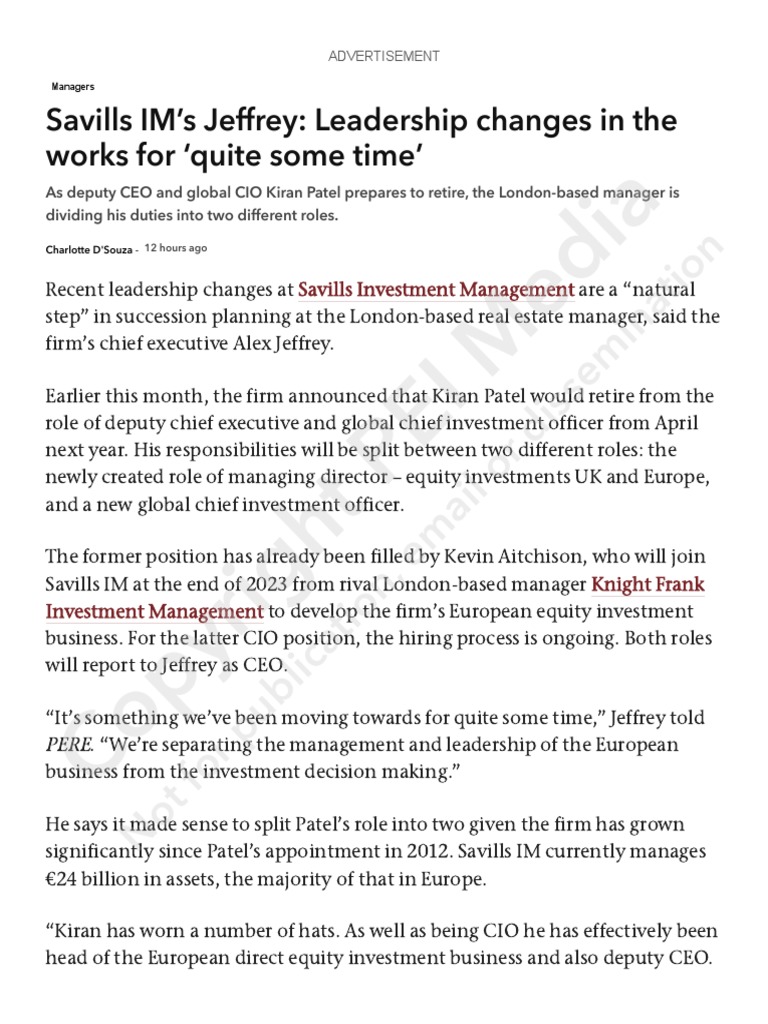 Savills IM's Jeffrey Leadership Changes in The Works For Quite Some