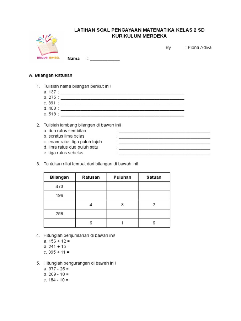 Latihan Soal Pengayaan Matematika Kelas 2 Sd Kurikulum Merdeka Pdf