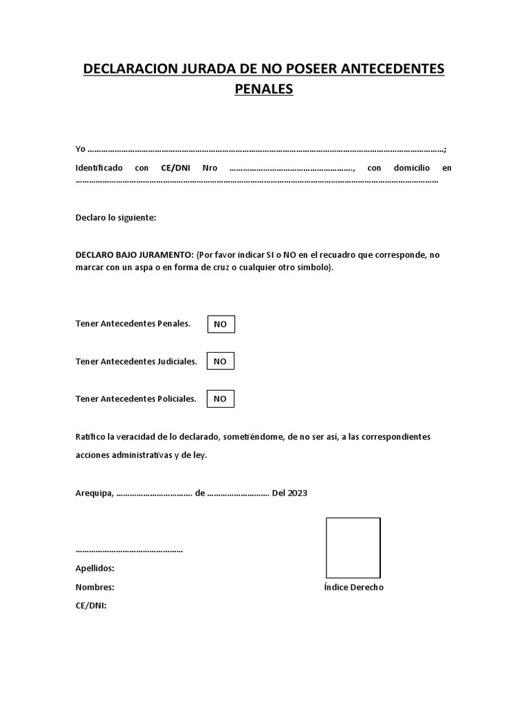 Declaracion Jurada de No Poseer Antecedentes Penales | PDF