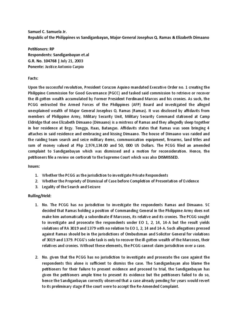 Case digests rp vs sandiganbayan et al pdf government justice