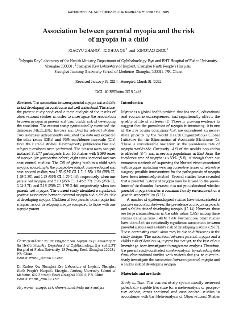 Association Between Parental Myopia and The Risk of Myopia in A Child | PDF