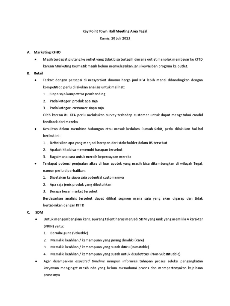 Key Point Town Hall Meeting Area Tegal | PDF | Career & Growth | Business