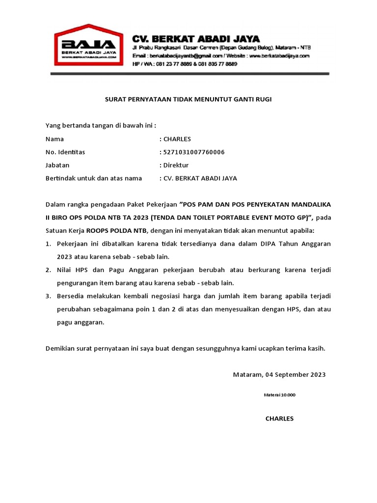 Surat Pernyataan Tidak Menuntut Ganti Rugi Pdf