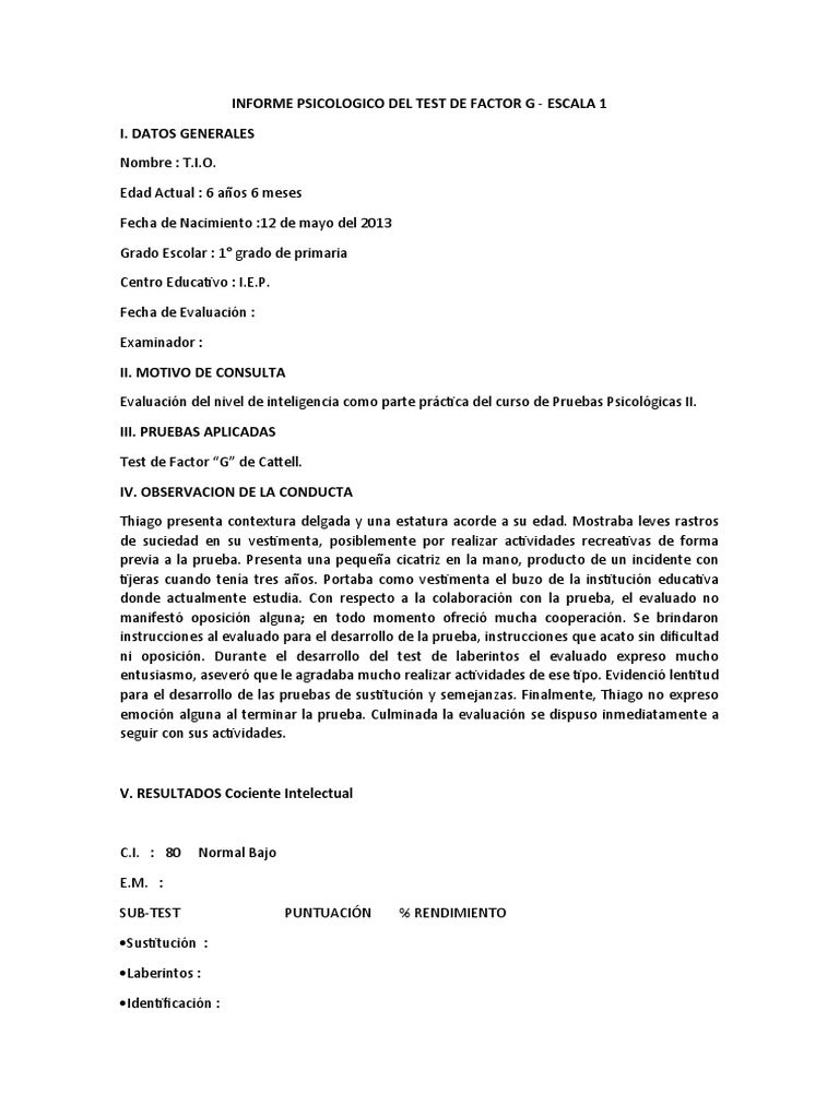 Informe Psicológico: Test Factor G | PDF | Cociente de inteligencia ...
