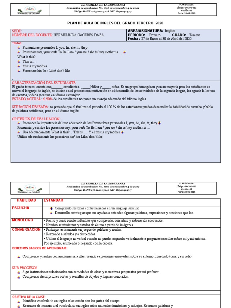 Plan De Aula Ingles Grado 3 Primer Periodo Pdf Salón De Clases