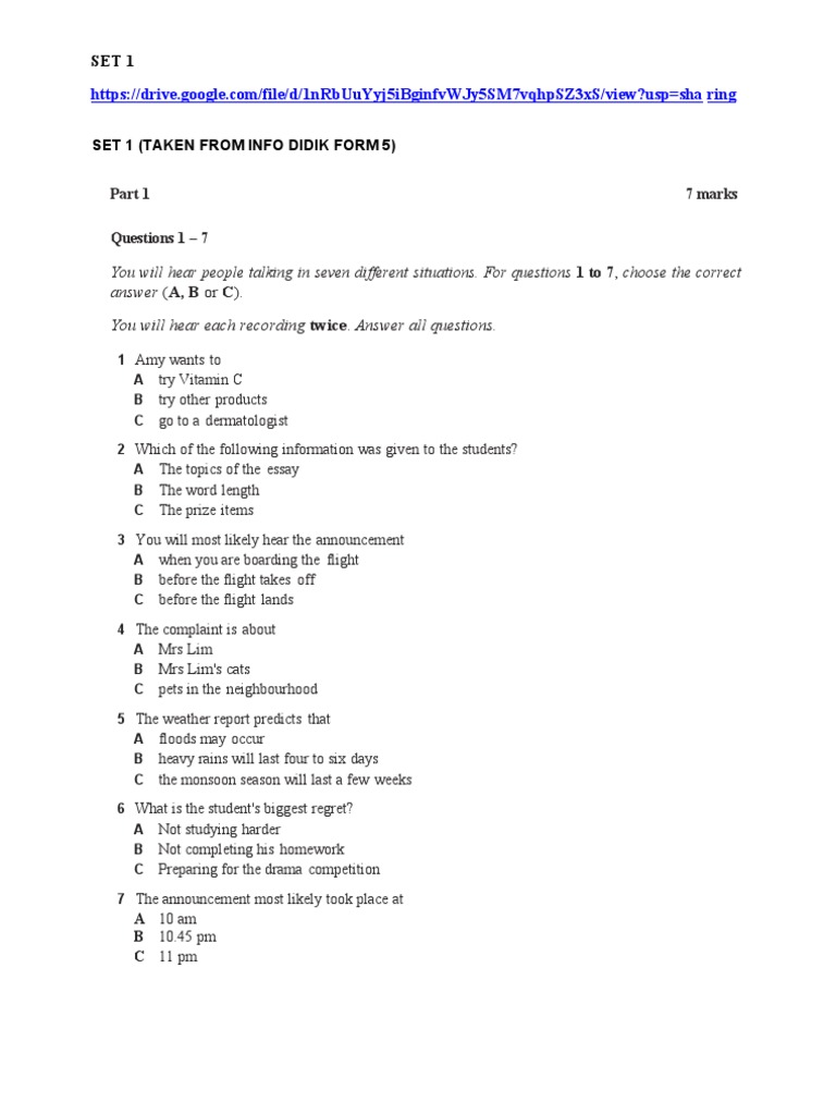 Listening Practice Set 1 Answers | PDF | Blog