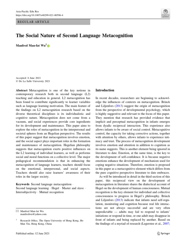 Social Aspects of L2 Metacognition | PDF | Metacognition | Georg ...