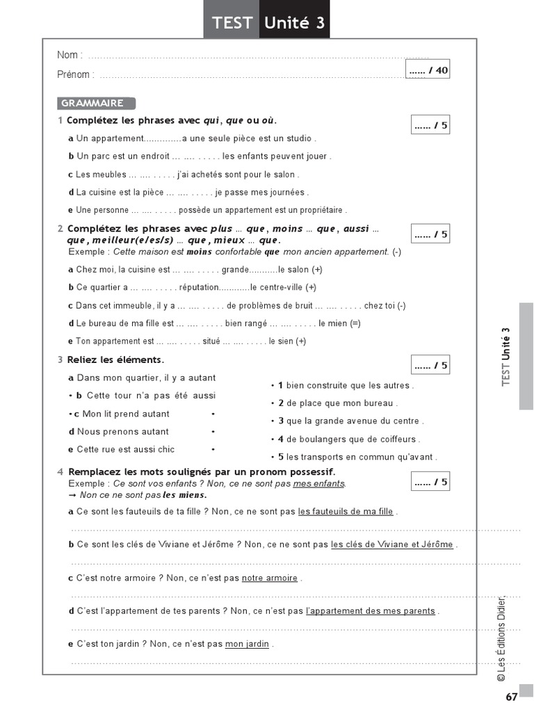 Test de Français A2 - Unité 3 | PDF | Appartement