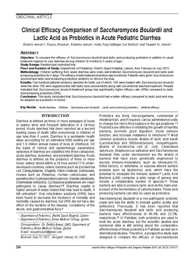 Clinical Efficacy Comparison of Saccharomyces Boulardii and Lactic Acid